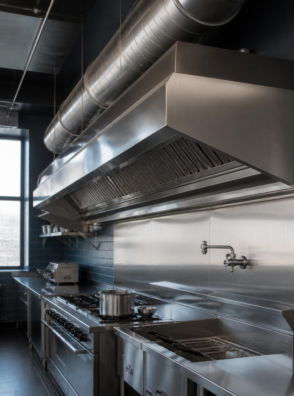 Installed stainless-steel extraction canopy above a commercial kitchen cooking line