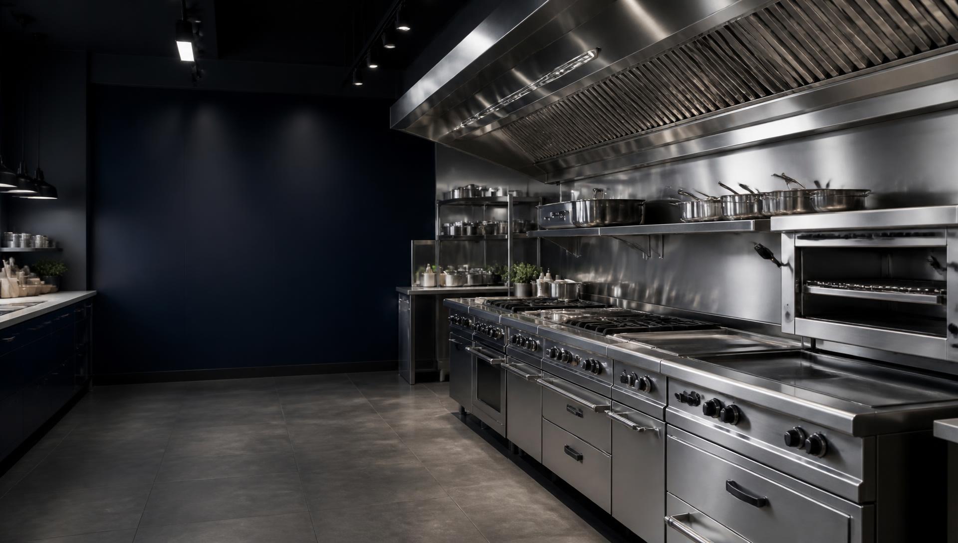 Completed commercial kitchen with stainless-steel cooking line and extraction canopy