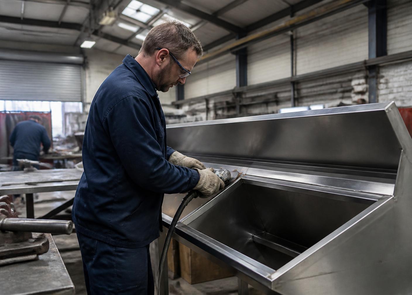 Engineer fabricating stainless-steel kitchen equipment in a workshop